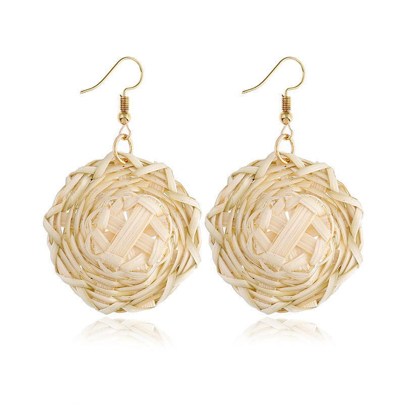 Handmade Bamboo Wood Rattan Straw Woven Geometric Hollow Earrings