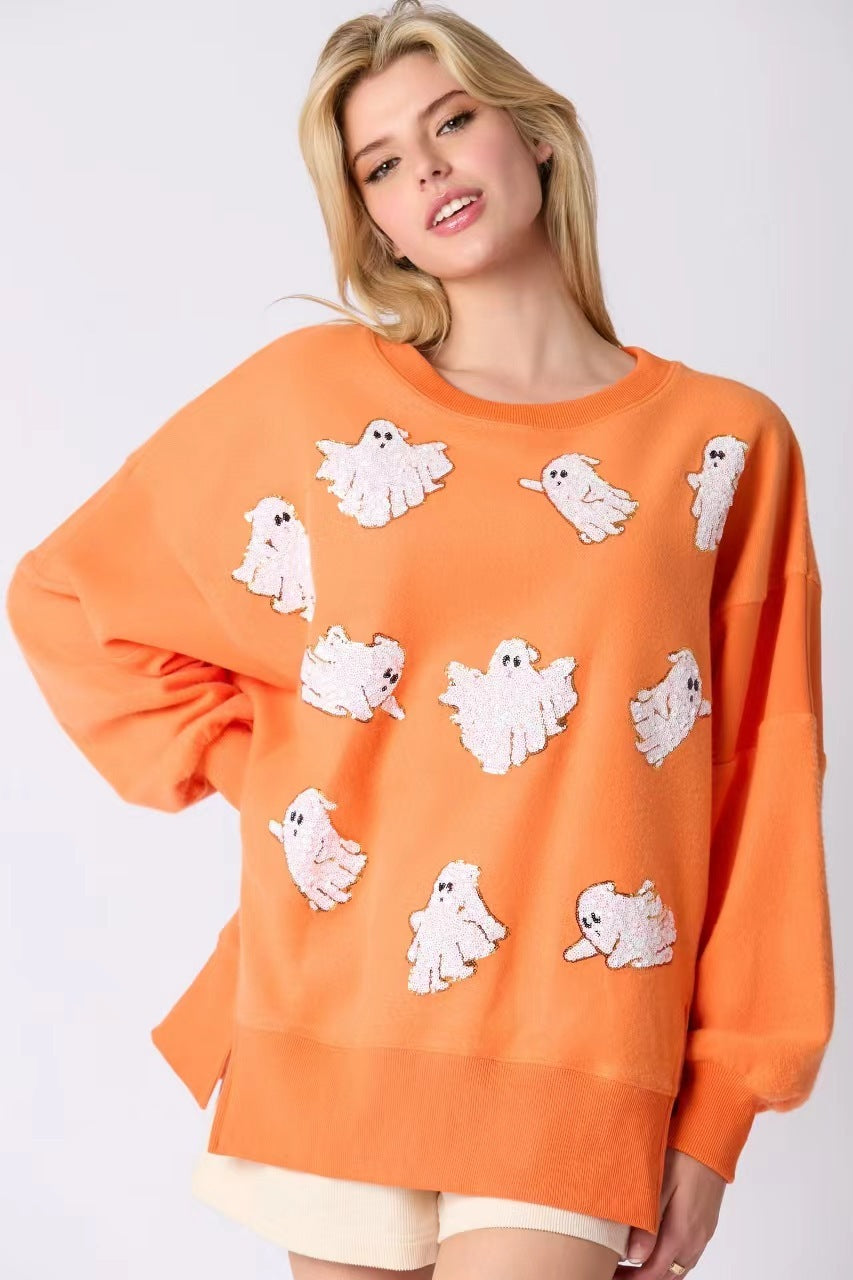 Women's Halloween Ghost Sequined Top Casual Loose Sweatshirt