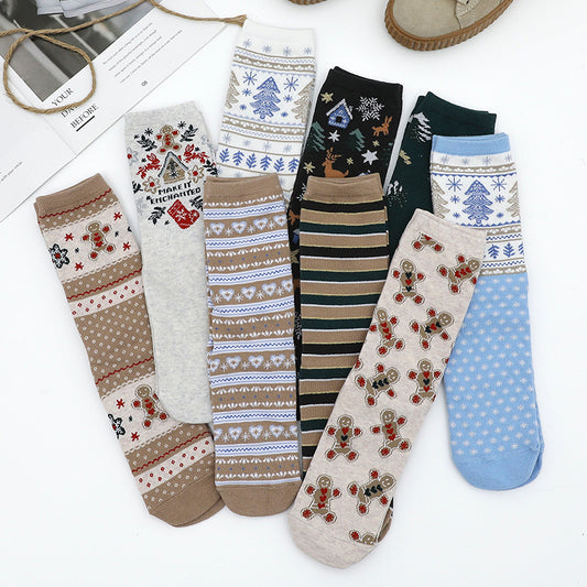 Christmas Couple Cotton Socks Gingerbread Man Gold Thread Men