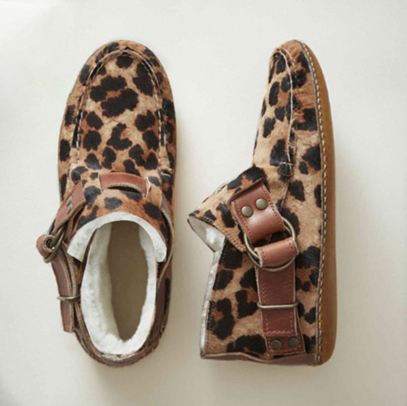 Comfy Leather Leopard Flat Buckle Strap Boots