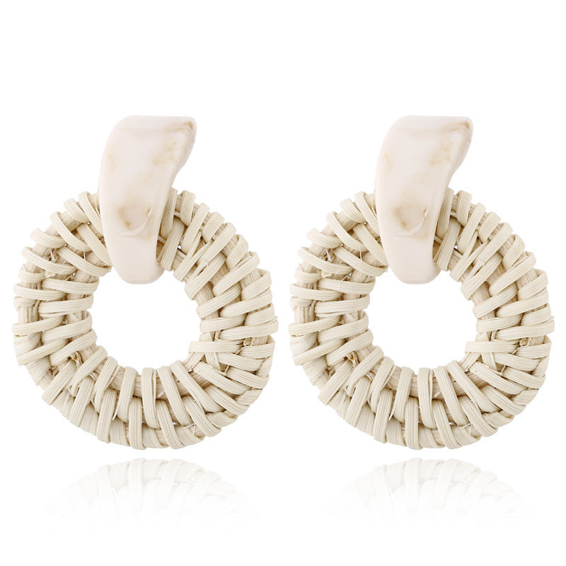 Handmade Bamboo Wood Rattan Straw Woven Geometric Hollow Earrings