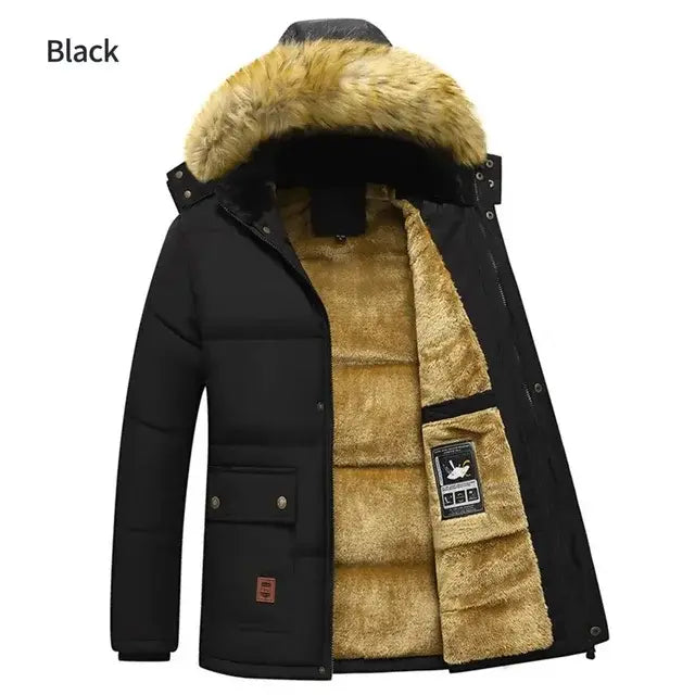 Thickened Plush Men Winter Coat Plush Solid Color Hooded Men Padded Cotton Coat Outdoor Wool Liner Hooded Jacket Snow Parkas